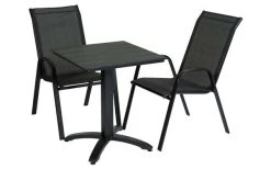 Cafétisch Milano + 2 Stühle Madrid Balkongarnitur Für Alle Mit Wenig Platz. Stapelbare Stühle Mit Hoher Rückenlehne, Aus Strapazierfähigem Textilene. Tisch Aus Pflegeleichtem Polywood/Aluminium.