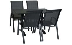 Cafétisch Milano + 4 Stühle Madrid Möbelgarnitur Für Mittelgroße Balkone Oder Terrassen. Stapelbare Stühle Mit Hoher Rückenlehne, Aus Strapazierfähigem Textilene. Tisch Aus Pflegeleichtem Polywood/Aluminium.