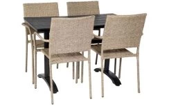 Cafétisch Milano + 4 Stühle Rom Möbelgarnitur Für Mittelgroße Balkone Oder Terrassen. Stapelbare Stühle Aus 50% Recyceltem Kunstrattan, Wetterfest Und Langlebig. Tisch Mit Tischplatte Aus Pflegeleichtem Polywood Und Gestell Aus Pulverbeschichtetem Aluminium.