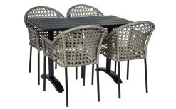 Cafétisch Milano + 4 Stühle Amalfi Möbelgarnitur Für Mittelgroße Balkone Oder Terrassen. Stapelbare Stühle Aus Praktischem Kunstrattan. Tisch Aus Pflegeleichtem Polywood/Aluminium.